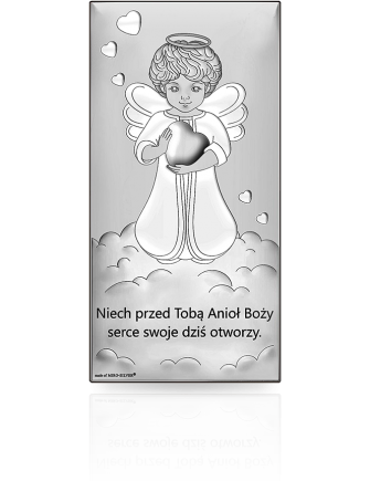 Aniołek z serduszkiem Srebrny obrazek na chrzest z grawerem Beltrami 6757