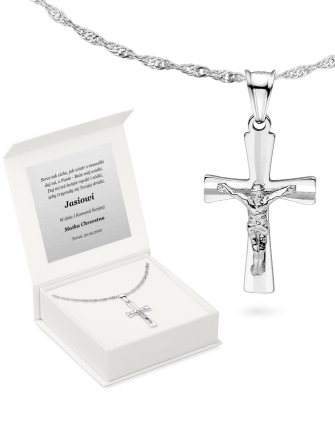 Krzyżyk srebrny z łańcuszkiem W pudełeczku z grawerem z grawerem Lanotti GKD057R