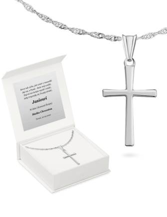 Krzyżyk srebrny z łańcuszkiem W pudełeczku z grawerem Lanotti K014