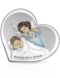 Kolorowy aniołek w sercu Obrazek srebrny na Chrzest z grawerem Beltrami 6449
