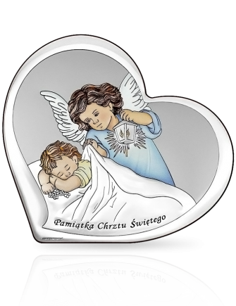 Kolorowy aniołek w sercu Obrazek srebrny na Chrzest Beltrami 6449