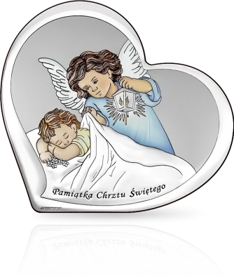 Kolorowy aniołek w sercu: obrazek srebrny na Chrzest - Beltrami