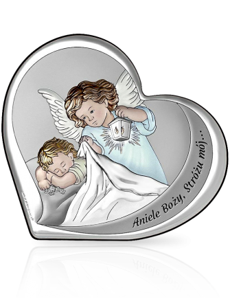 Malowany aniołek w sercu Obrazek srebrny na Chrzest z grawerem Beltrami 6777