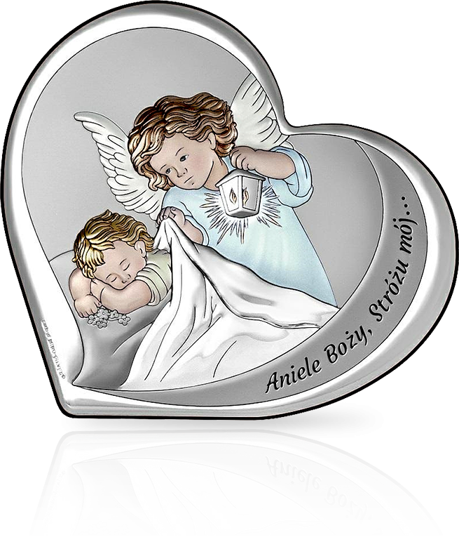 Malowany aniołek w sercu: obrazek srebrny na Chrzest - Beltrami