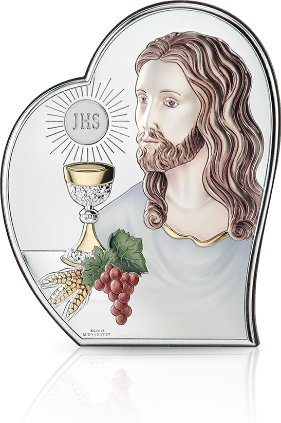 Jezus przy Hostii: kolorowy obrazek srebrny - Valenti
