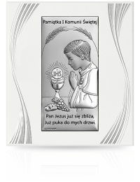 Obrazek na komunię dla chłopca Srebrny obrazek na białym drewnie z grawerem Beltrami 6717FP