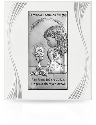 Obrazek na komunię dla dziewczynki Srebrny obrazek na białym drewnie z grawerem Beltrami 6717FP