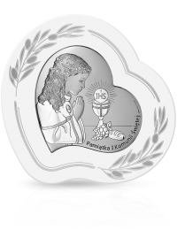 Obrazek na Komunię dla dziewczynki Srebrna pamiątka w sercu z grawerem Beltrami 6746OP