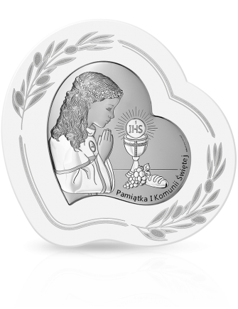 Obrazek na Komunię dla dziewczynki Srebrna pamiątka w sercu z grawerem Beltrami 6746OP