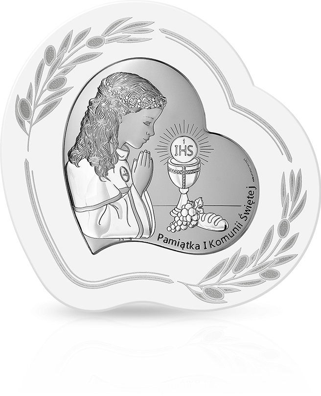Obrazek na Komunię dla dziewczynki: srebrna pamiątka w sercu - Beltrami