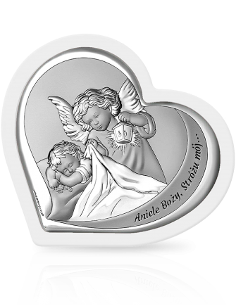 Aniołek z białą ramką Obrazek srebrny na Chrzest z grawerem Beltrami 6777