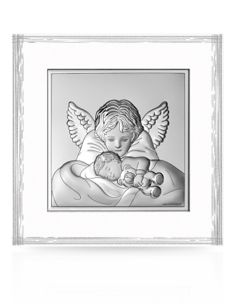 Aniołek nad dzieckiem Obrazek na białym drewnie z grawerem Beltrami 6760