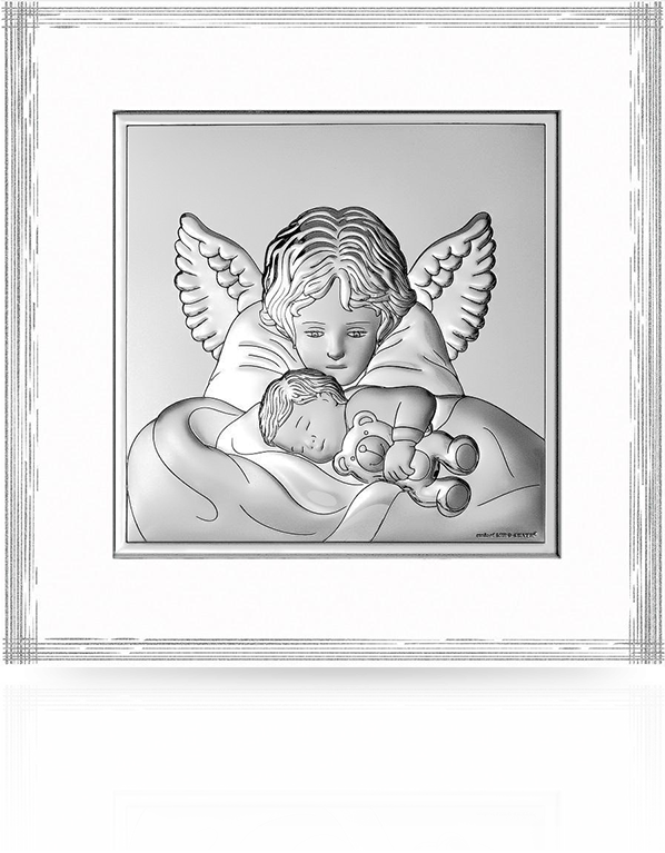 Aniołek nad dzieckiem: obrazek na białym drewnie - Beltrami