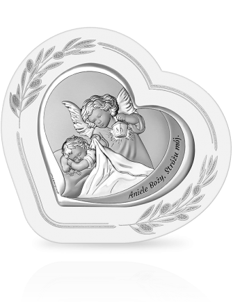 Aniołek z białą ramką Obrazek srebrny na Chrzest z grawerem Beltrami 6777OP