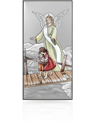 Anioł Stróż nad dziećmi Srebrny obrazek kolorowy z grawerem Beltrami 6785
